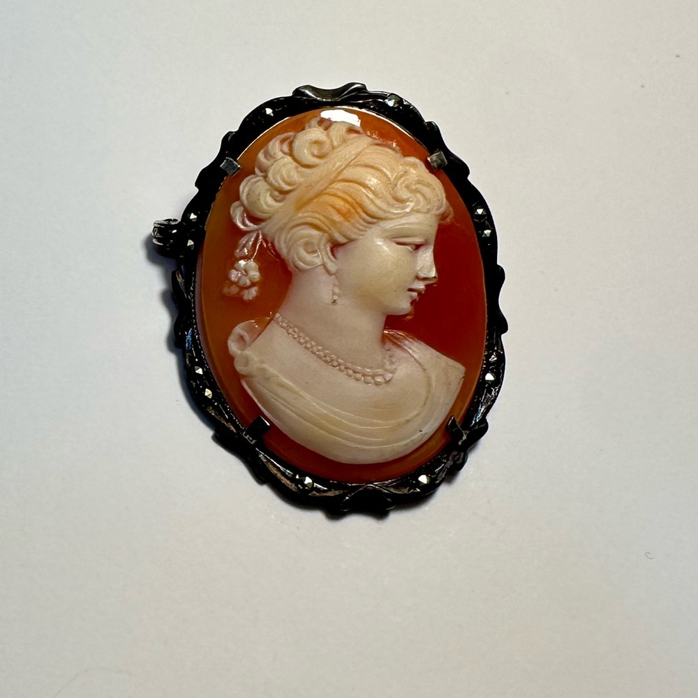 Elegant Cameo Brooch in Orange‎ and Cream